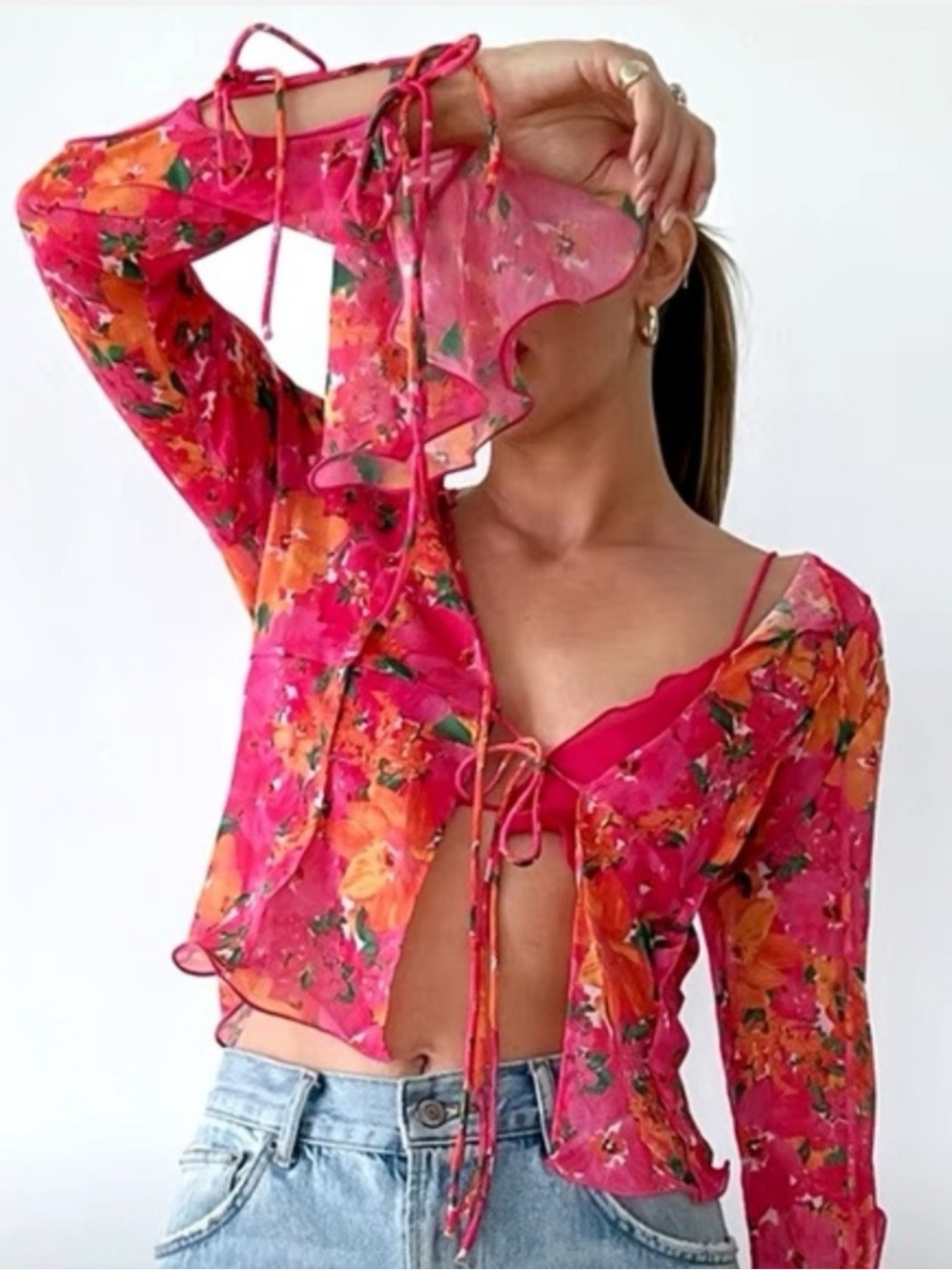 Rumored Pink and Orange Floral Tie-Front Sheer Blouse